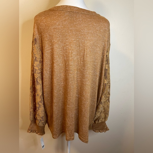 Zac & Rachel Women’s Plus Blouse New Brown Shimmer Lace Sleeves 2X - Picture 2 of 9